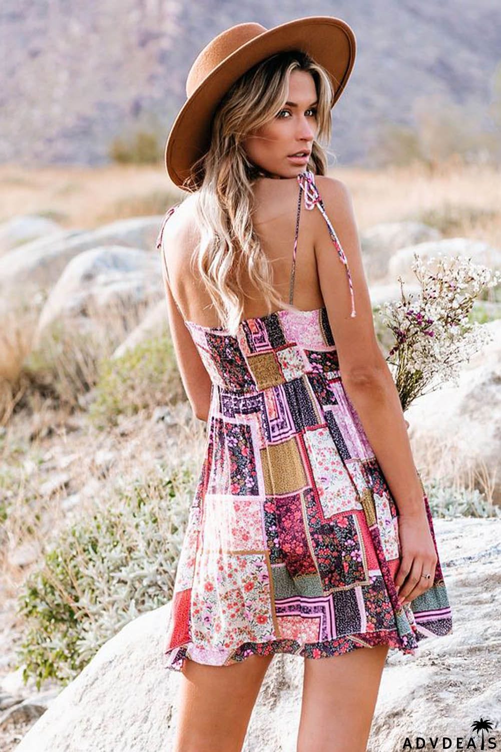 Spaghetti Straps Floral Patchwork Flare Mini Dress