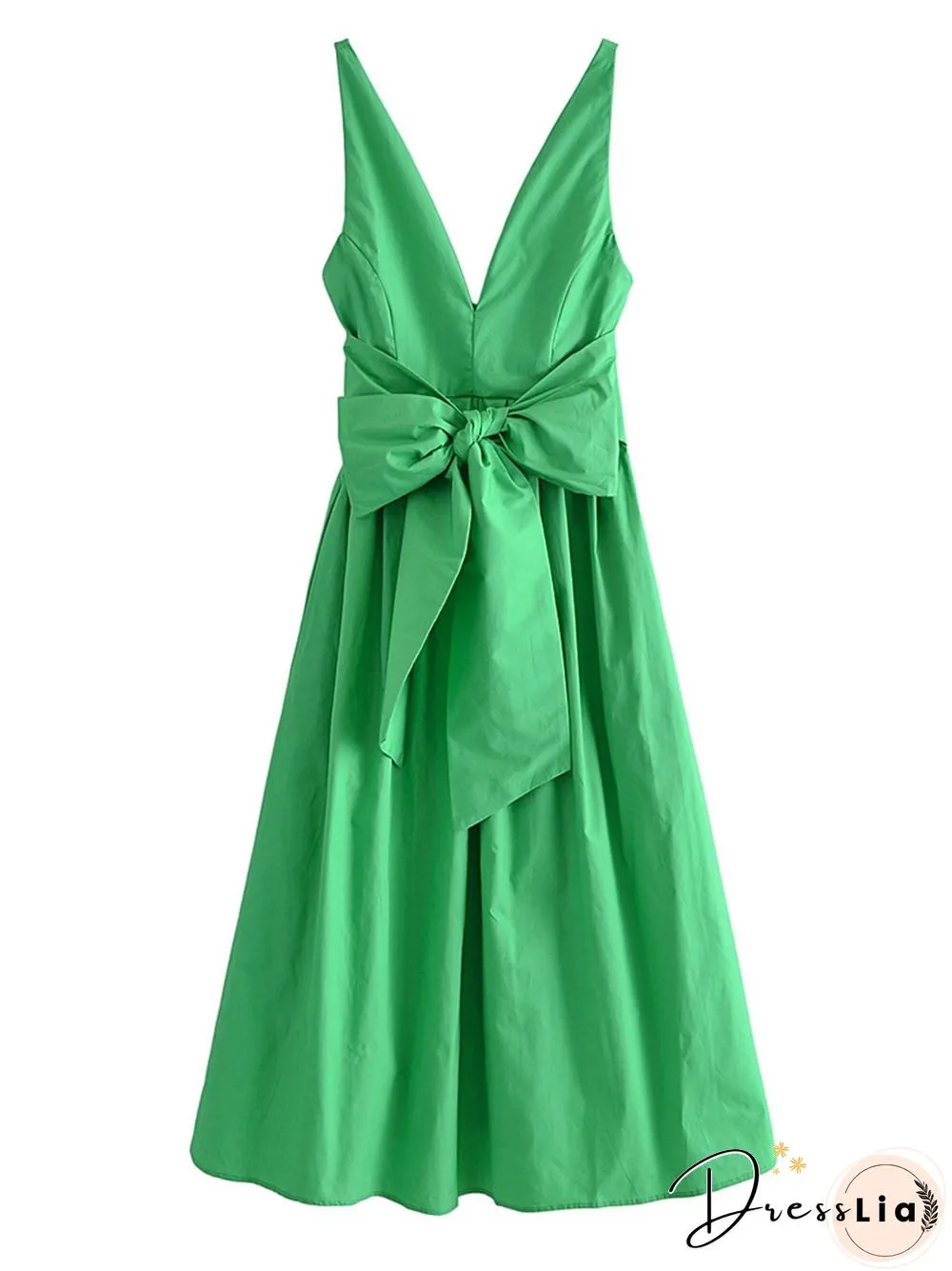 Womens Summer Dress Green Dresses With Pocket Back Bow Strap Female Long Dress Qn26