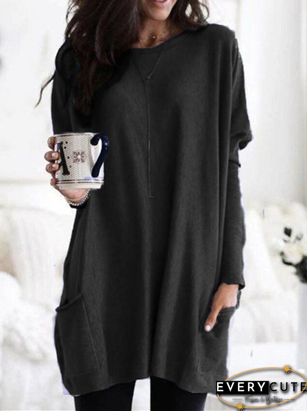 Plus Size Womens Autumn & Winter Casual Top Loose Pocket T-Shirt Long Sleeve Bat Blouse