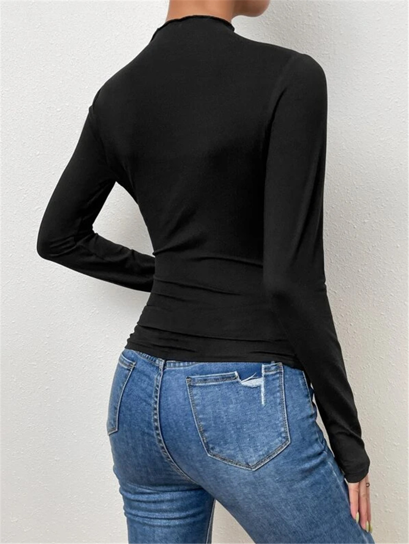 Ootddress Solid Casual Pleated T-shirt For Women Patchwork Long Sleeve High Waist Inner Ruffled Crop top Ladies Vintage Y2k Top Tee