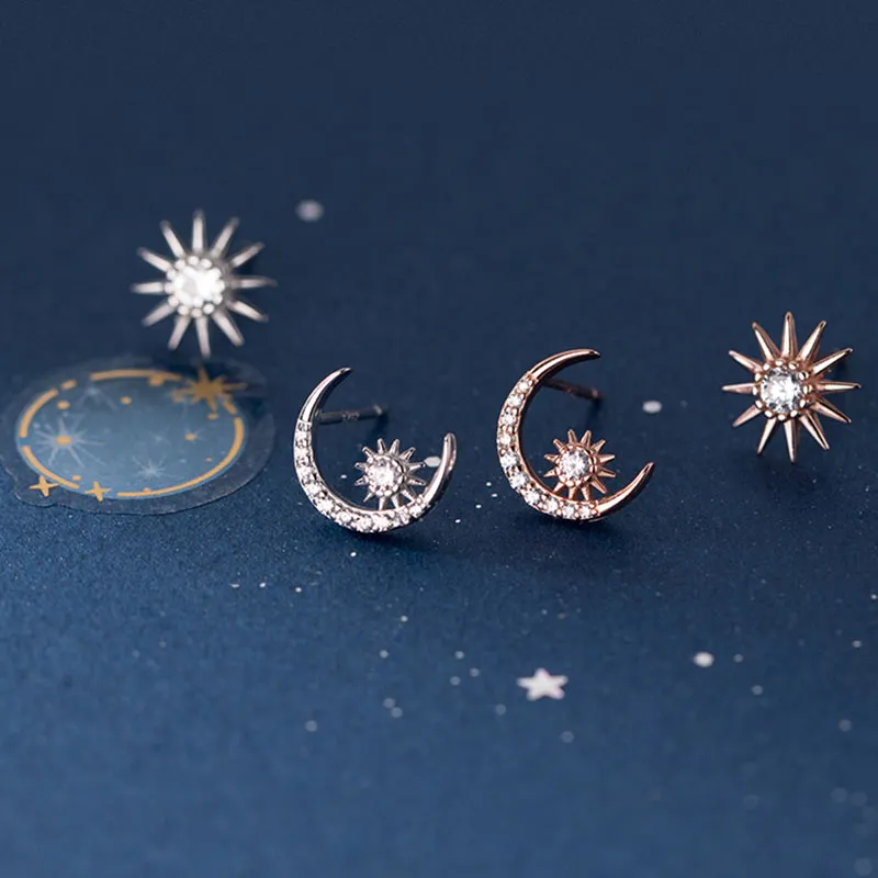 Sun Moon Asymmetrical 925 Sterling Silver Stud Earrings