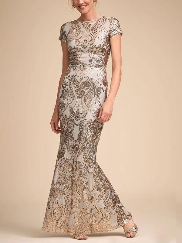 Round Neck Short Sleeve Sequins Maxi Dress