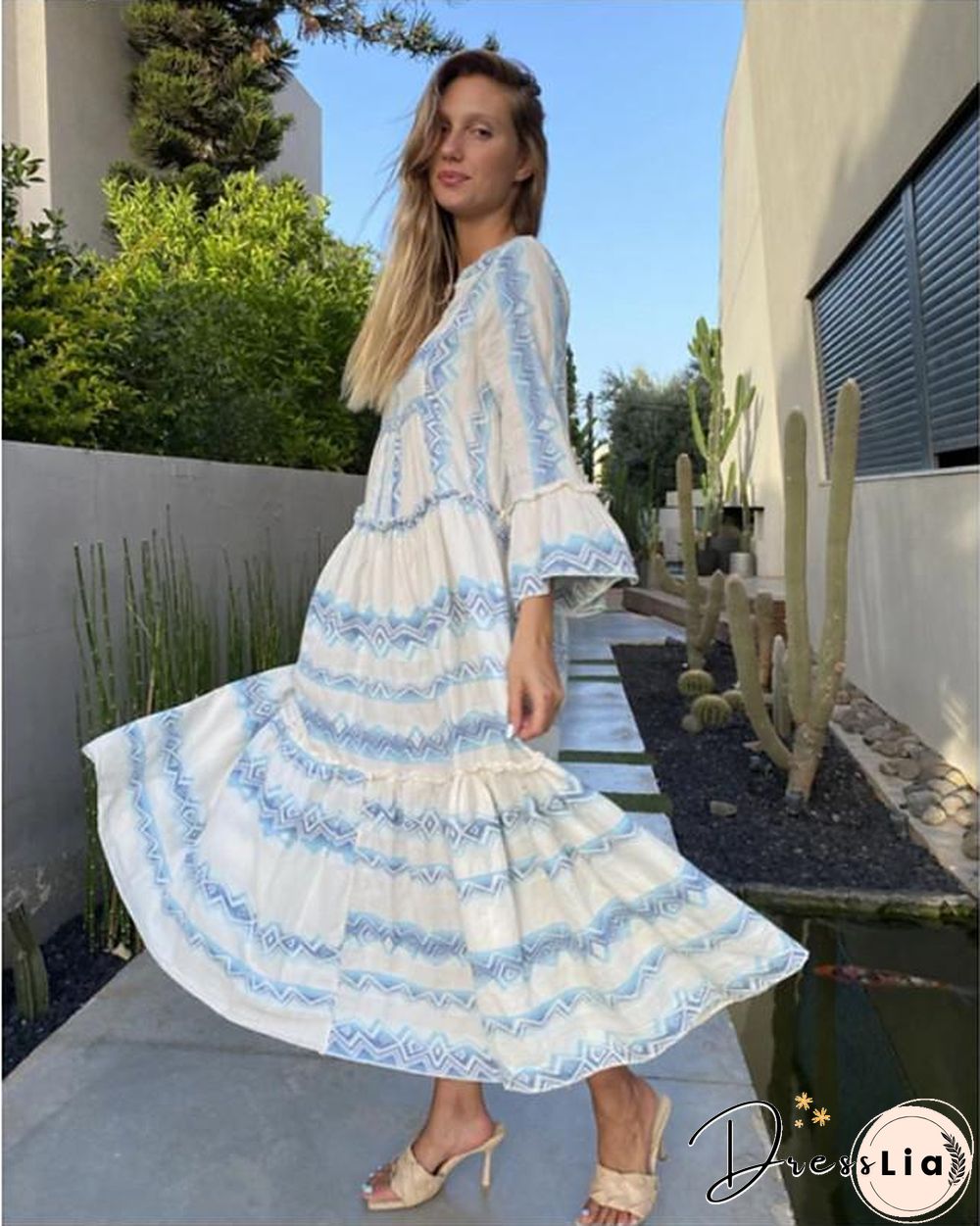 Women's Swing Dress Midi Dress Long Sleeve Print Print Fall Casual Light Blue S M L XL XXL