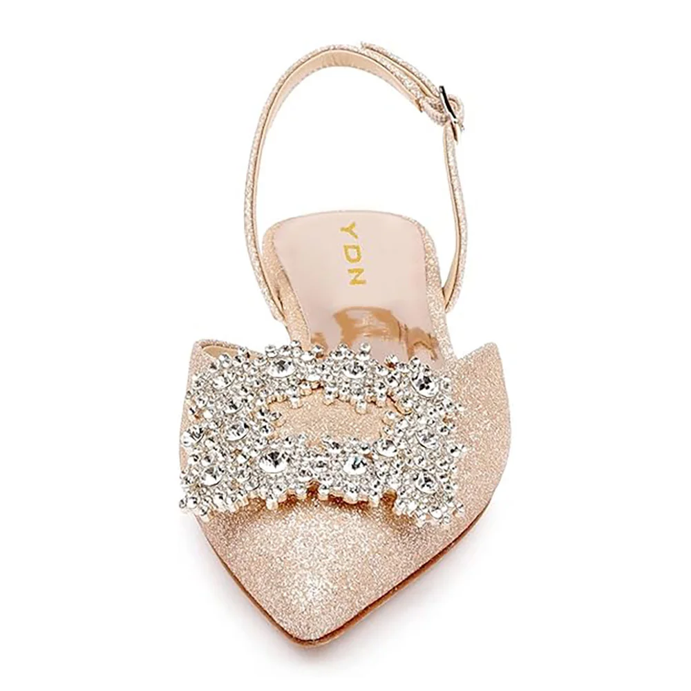 Rose Gold Glitter Pointed Rhinestone Embellished Slingback Flats
