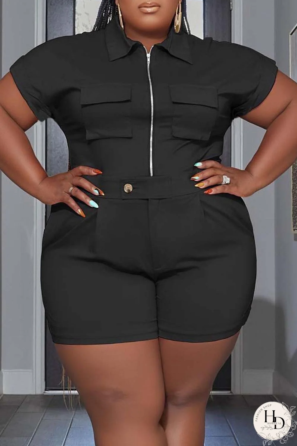 Black Casual Solid Patchwork Turndown Collar Plus Size Two Pieces