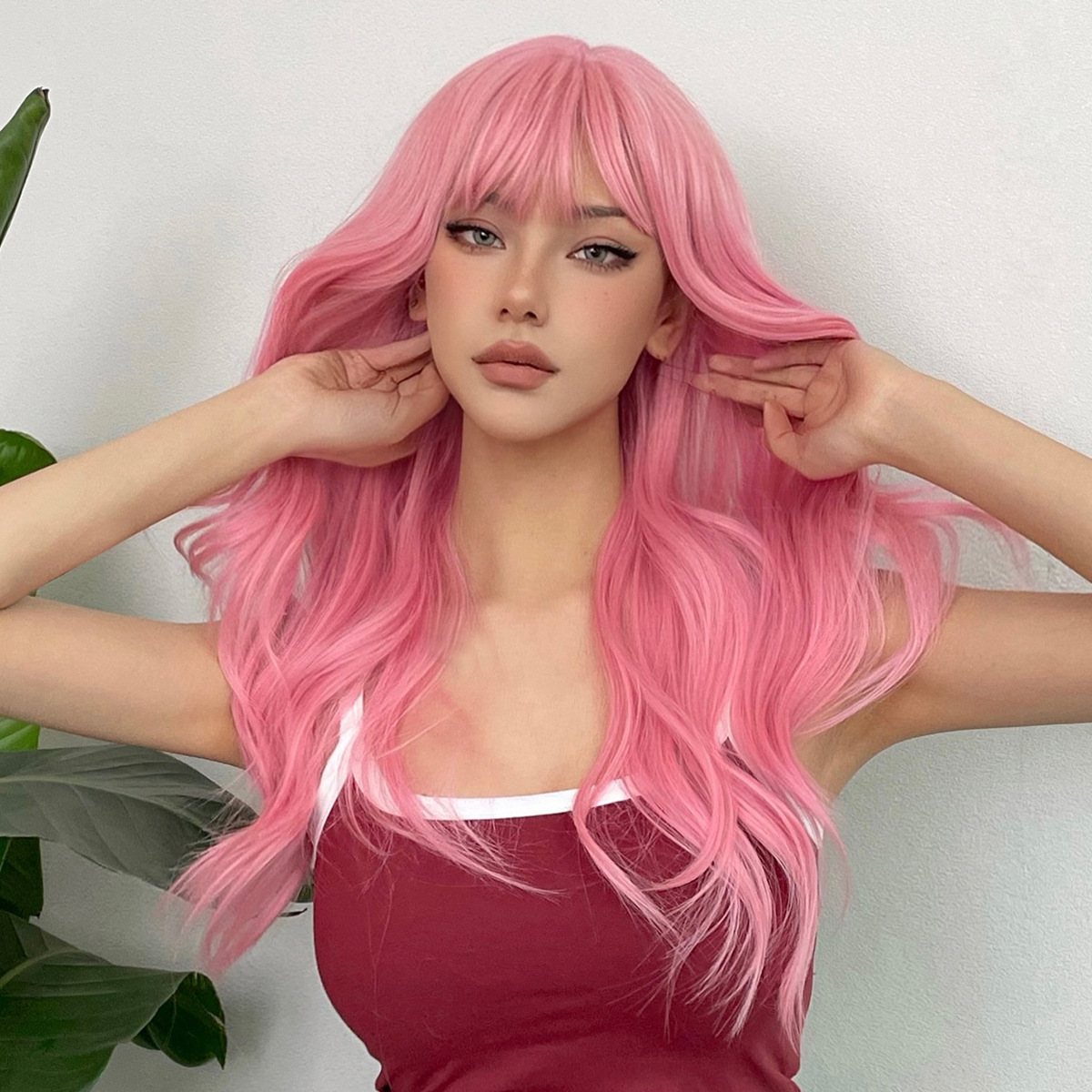 Mature Ladies Synthetic Wig With Full Bangs Long Curly Hair Full Set