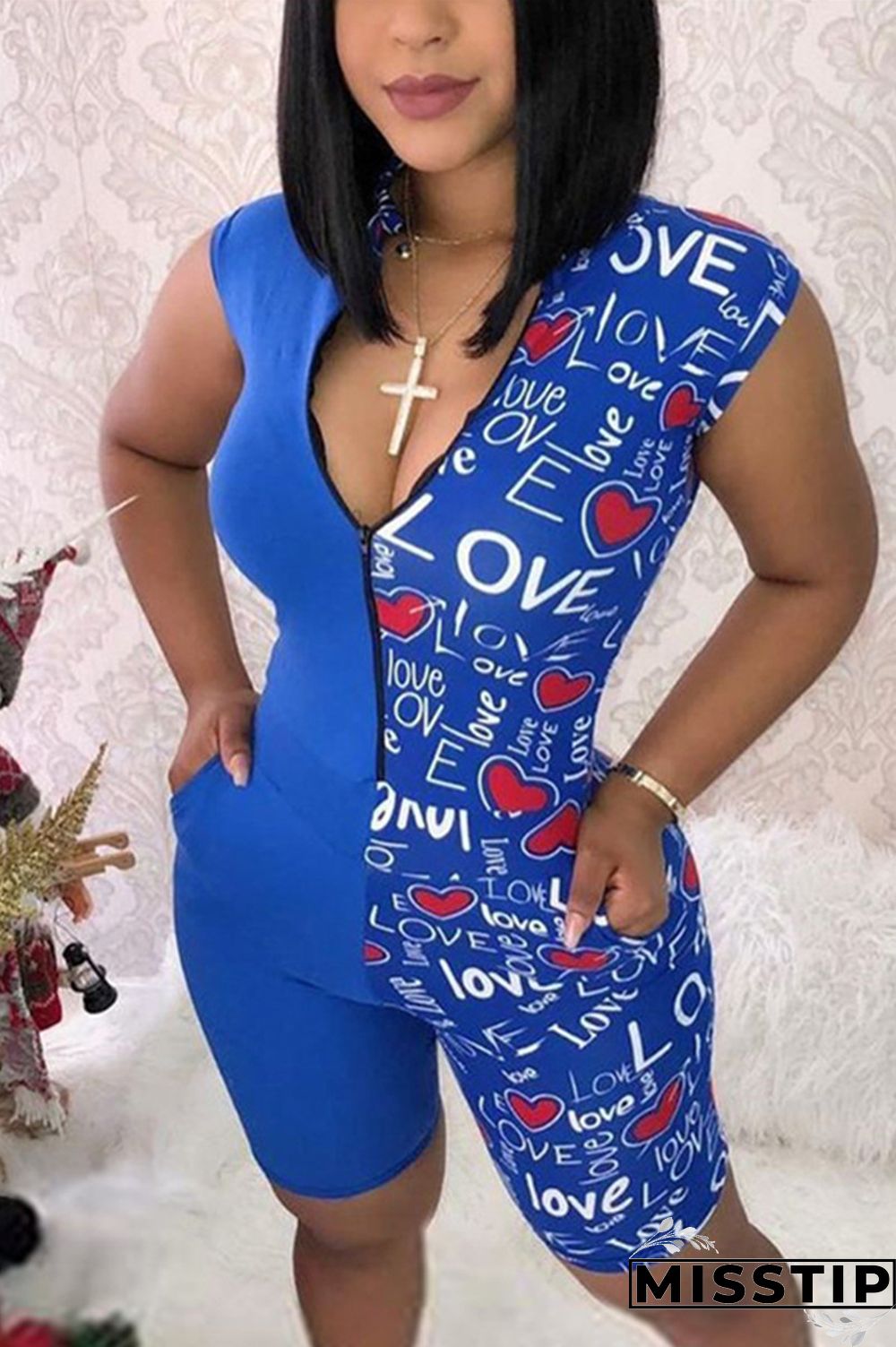 Navy Blue Sexy Fashion zipper Patchwork letter Print Short Sleeve V Neck