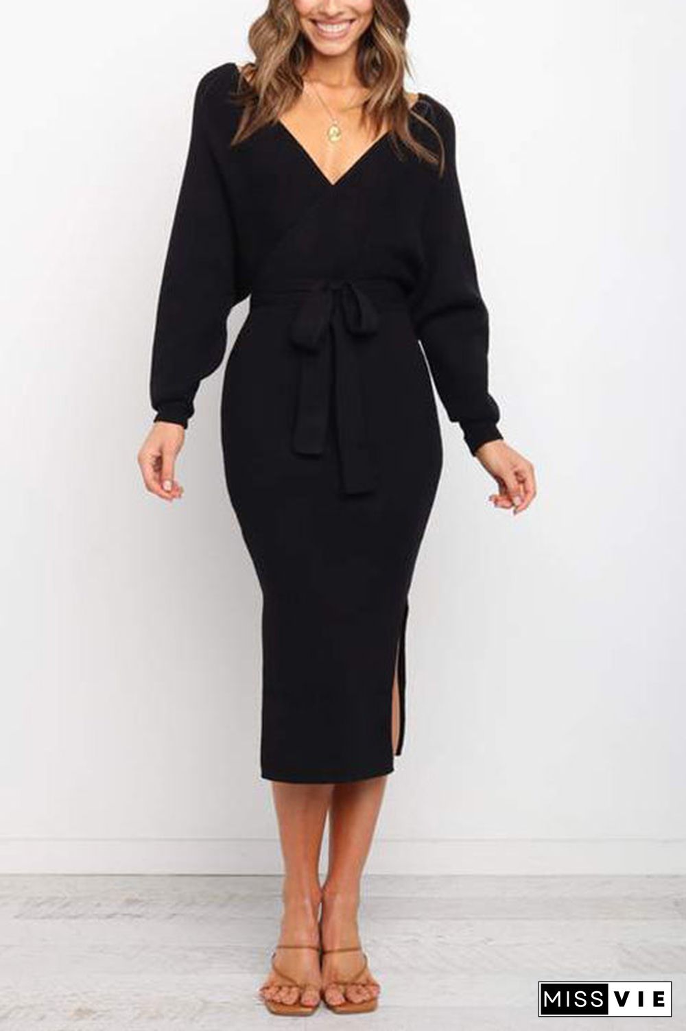 Surplice Wrap Side Slit Sweater Dress