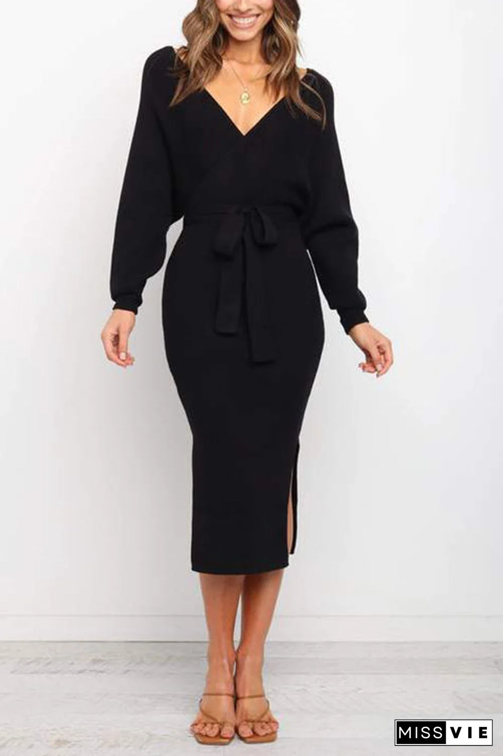 Surplice Wrap Side Slit Sweater Dress