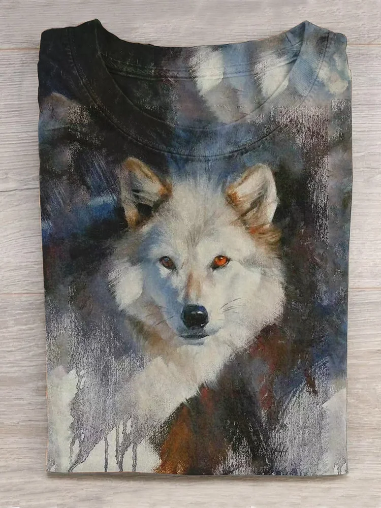 Cool Oil Painting Wolf Art Print Design T-shirt