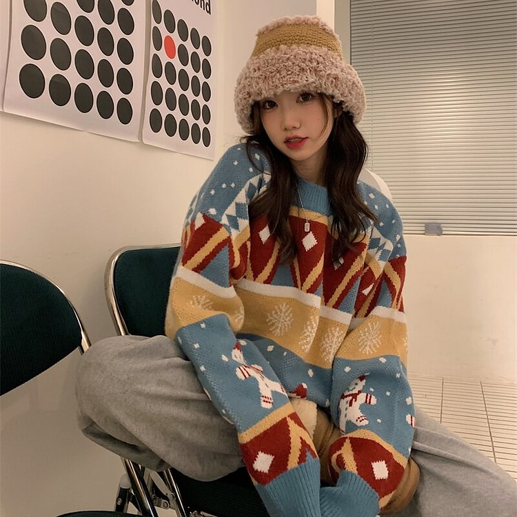 Winter Warm Casual Christmas Sweater Women Funny Snowman Printed Christmas Pullover O Neck Elegant Knitted Sweater New