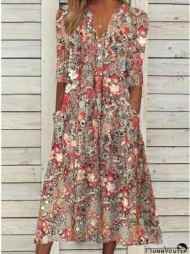 Casual Dress Ethnic Dress Midi Dress Red Half Sleeve Floral Print Fall Spring Summer V Neck Casual Vacation S M L XL XXL 3XL for Women