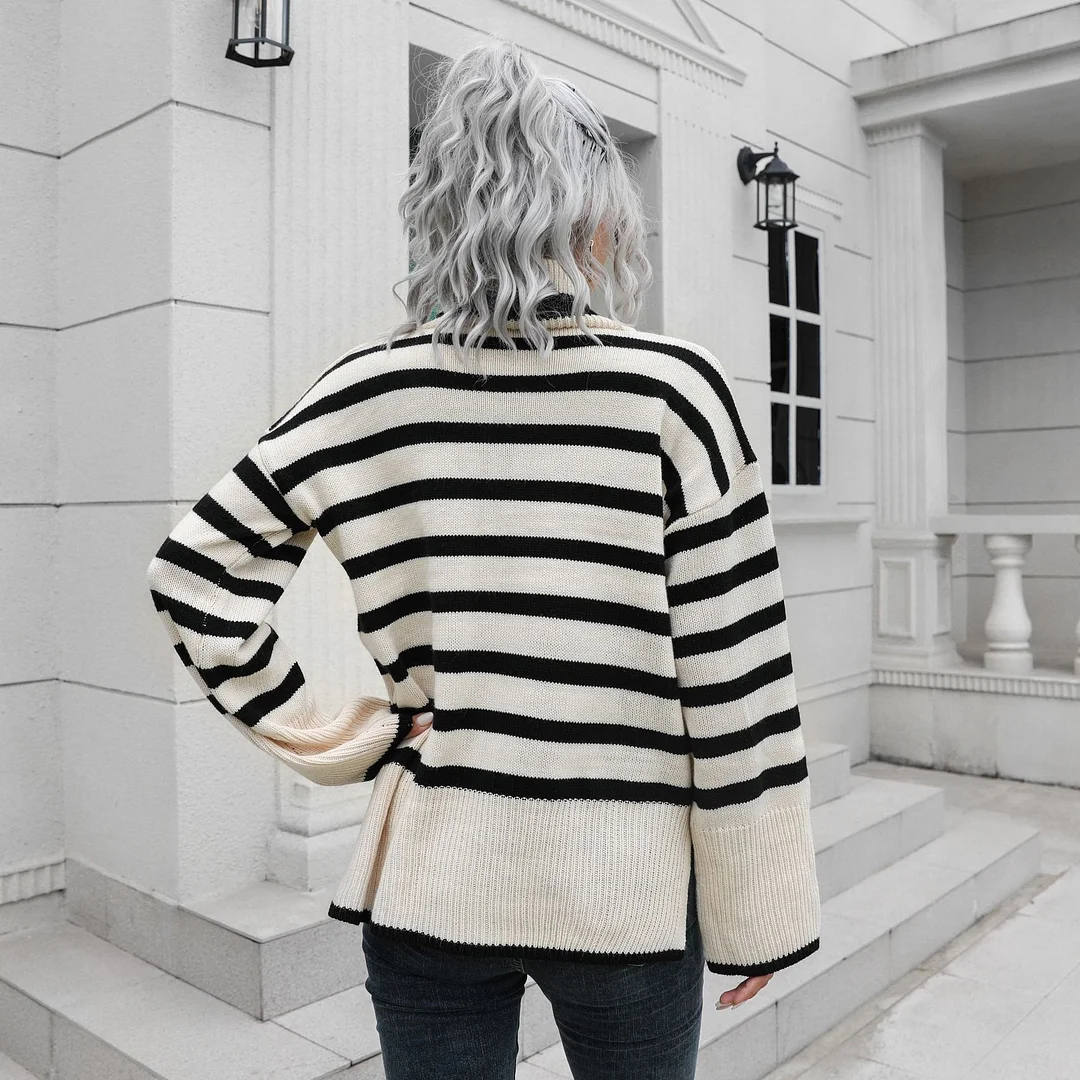 PASUXI Fall Winter Women Clothing Stripes Turtleneck Long Sleeve Oversized Sweater Casual Loose Fit Ribbed Knit Sweater Pullover