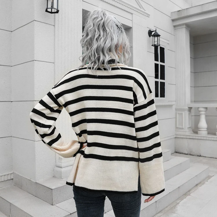 PASUXI Fall Winter Women Clothing Stripes Turtleneck Long Sleeve Oversized Sweater Casual Loose Fit Ribbed Knit Sweater Pullover huanwei