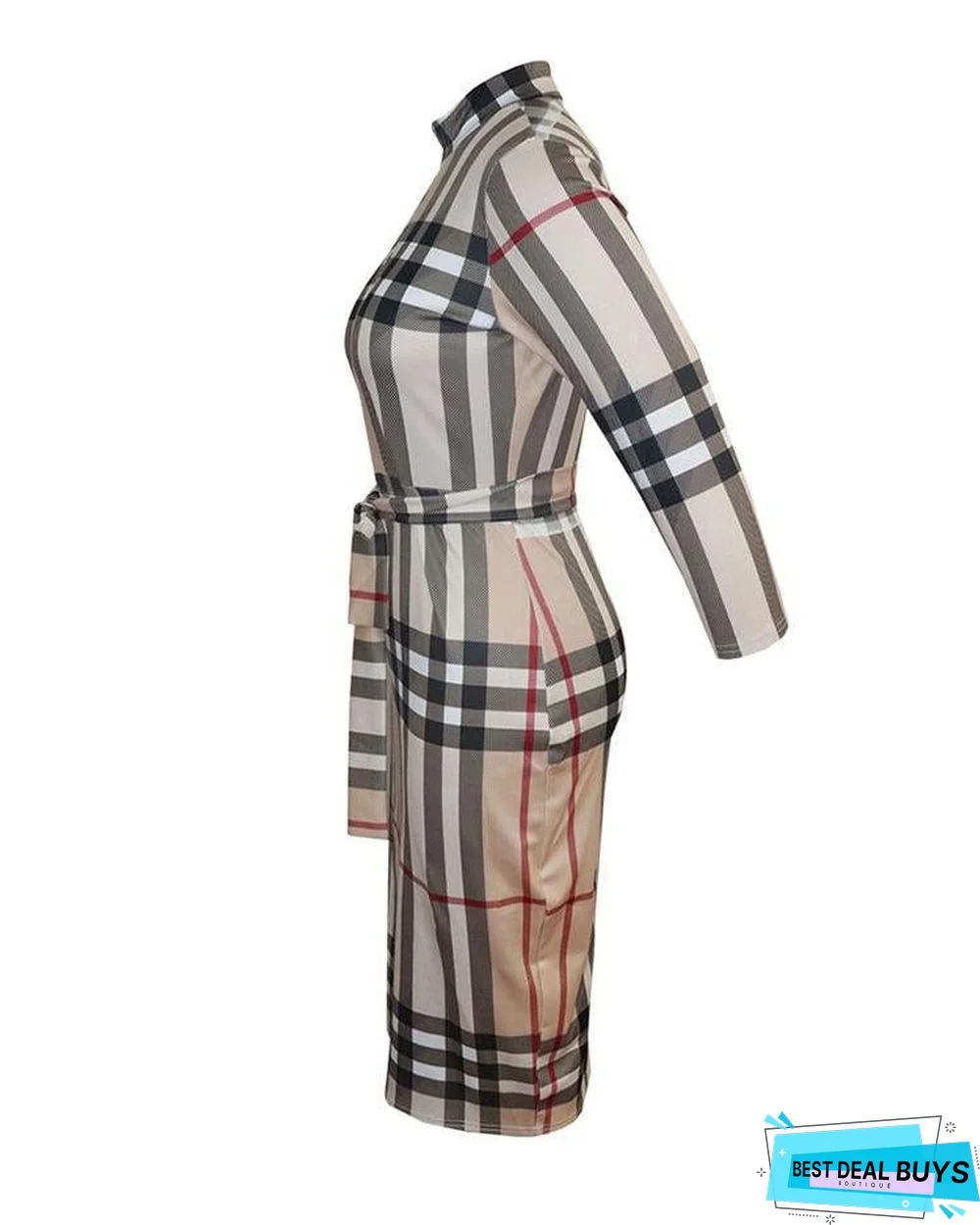 Grid Long Sleeve Zipper Front Bodycon Dress