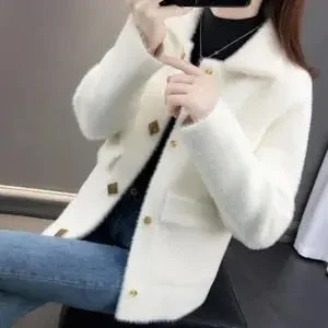 Plus size Cardigan Women Coat  2020 New Autumn Winter Korean  Elegant Women Slim Imitation Mink Velvet V-neck Knit Button Jacket