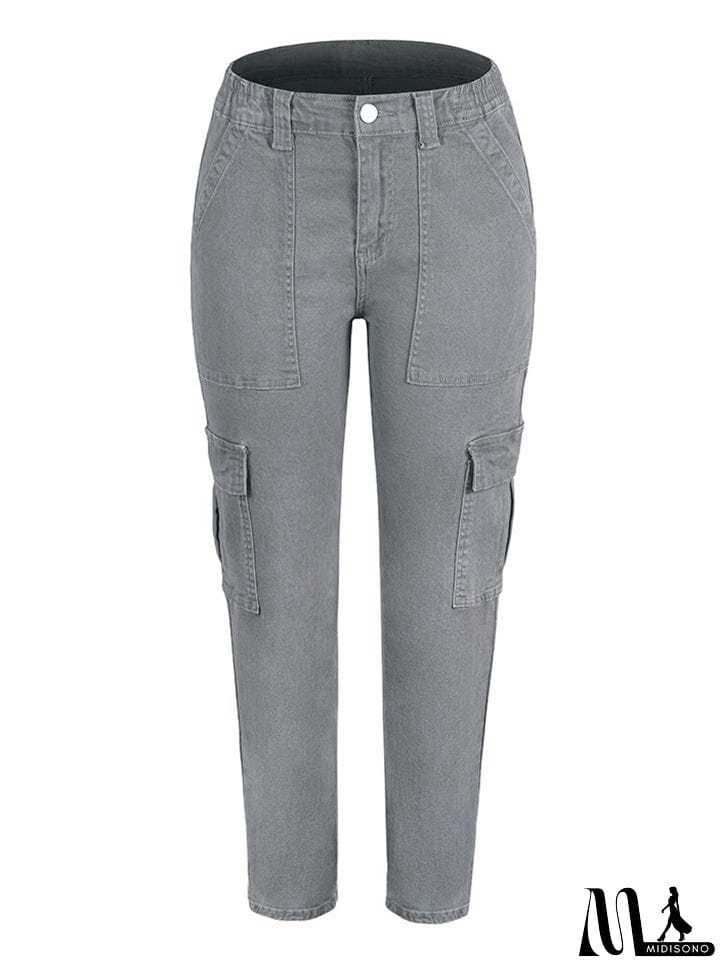 MidiSono - Women's Casual Washed Effect Multi-Pockets Button Grey Cargo Pants