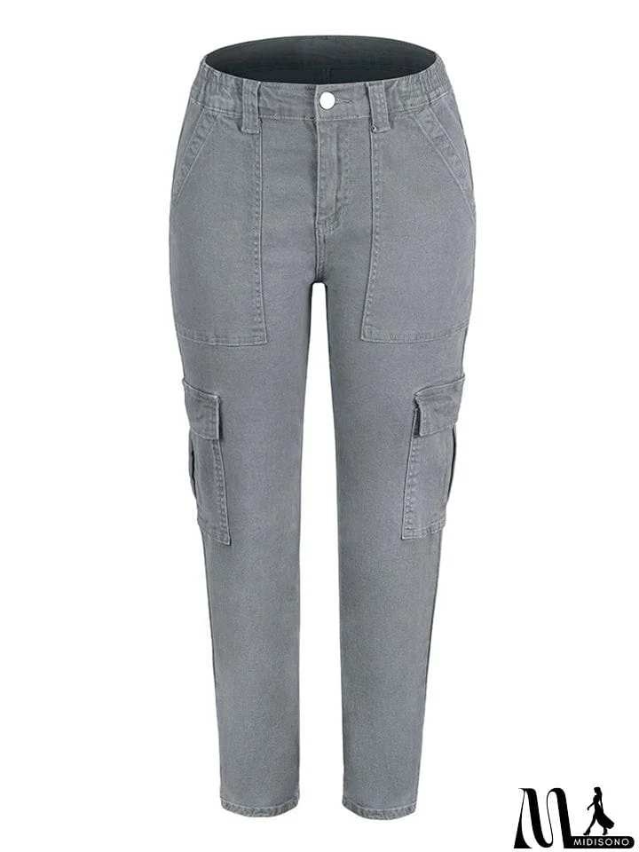 MidiSono - Women's Casual Washed Effect Multi-Pockets Button Grey Cargo Pants