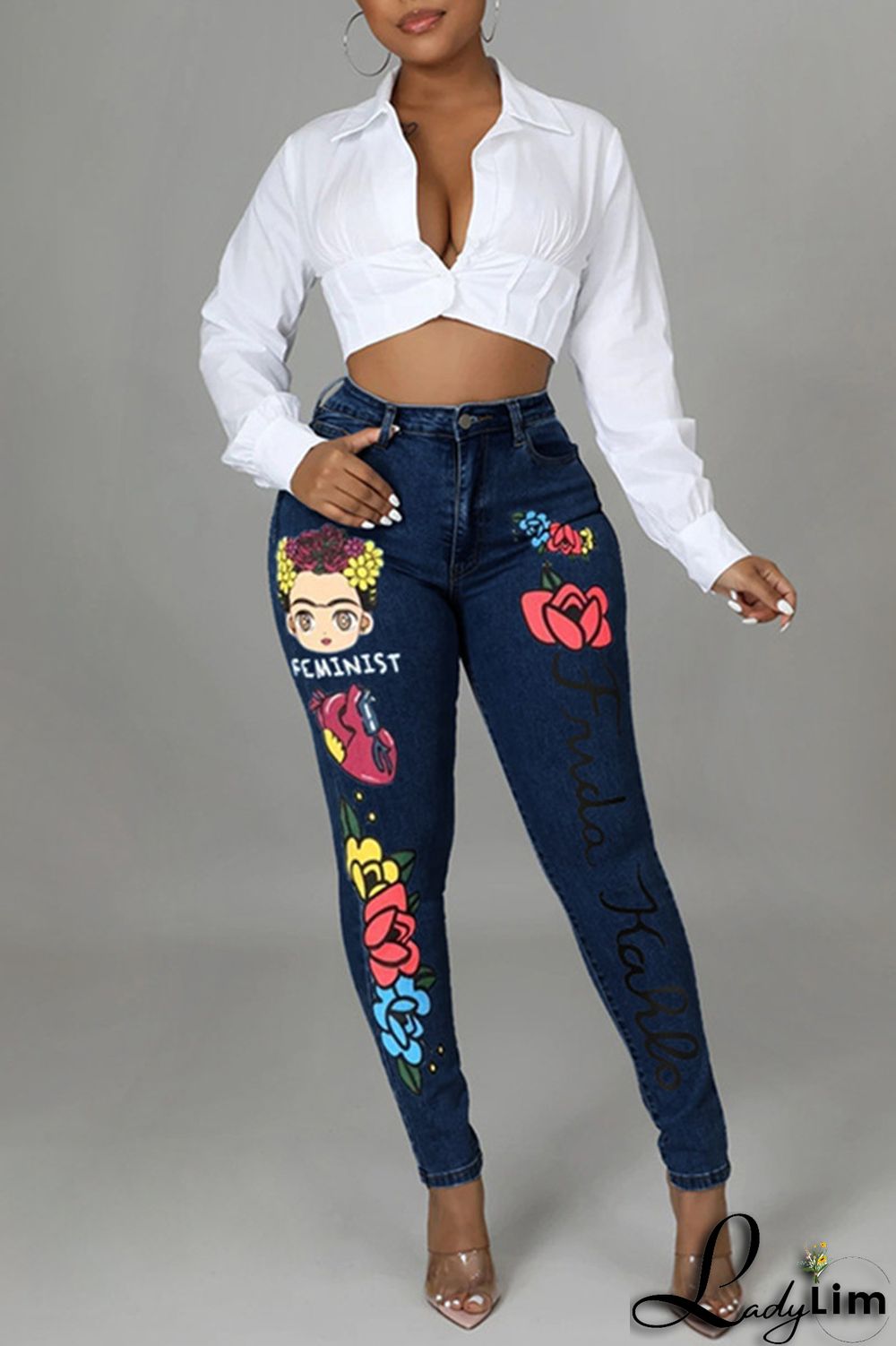 Deep Blue Fashion Casual Print Patchwork Mid Waist Skinny Denim Jeans