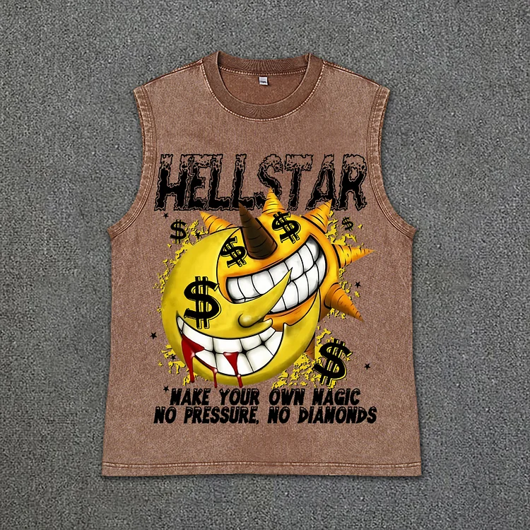 Retro Men's Hellstar Fun Cartoon Money Graphics Acid Washed Tank Top