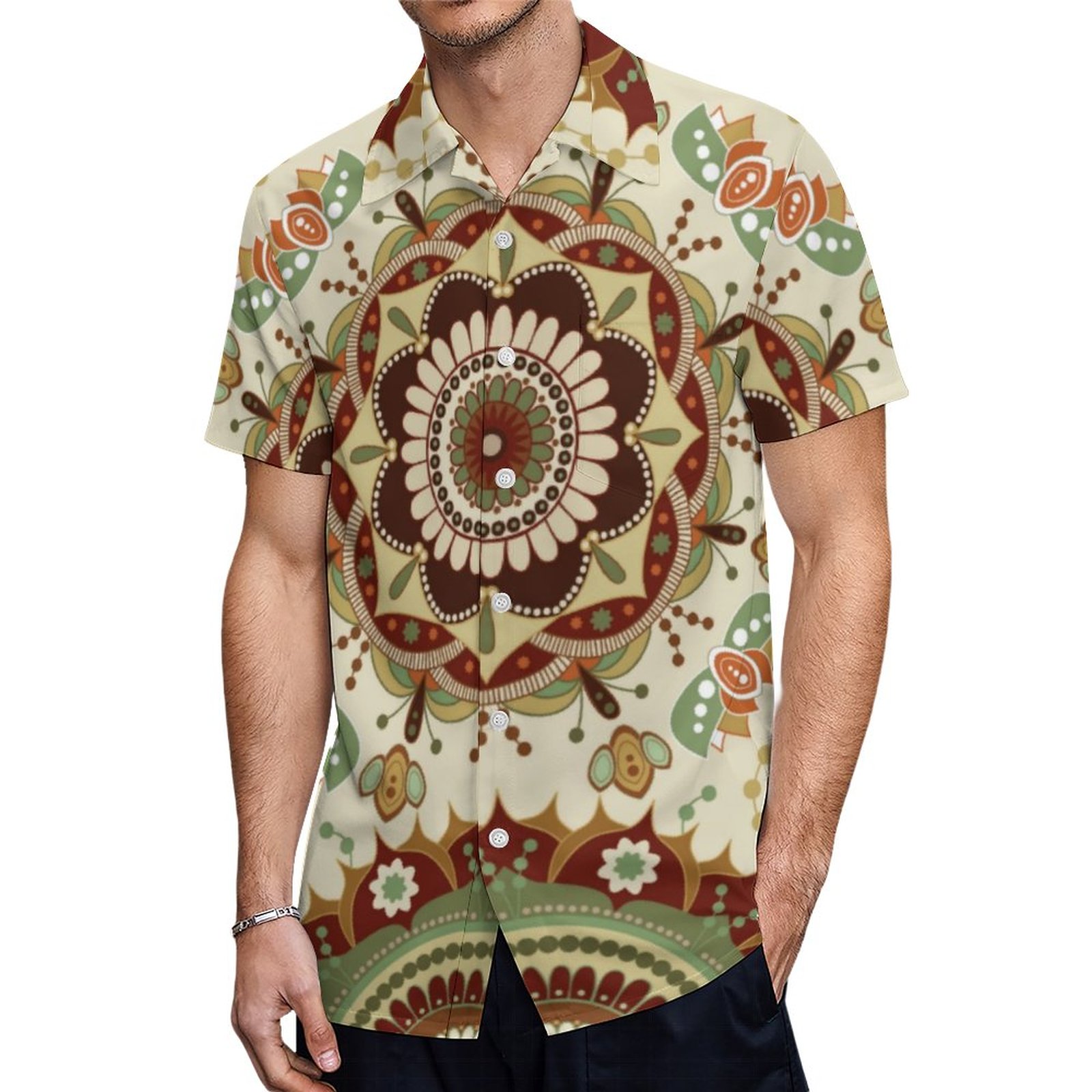 Mandala Paisley Earth Tone Bohemian Pattern Hawaiian Shirt Mens Button Down Tropical Hawaii Beach Shirts