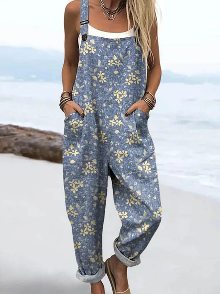 Women's Vintage Floral Art Print Casual 100% Cotton Wide Leg Jumpsuit