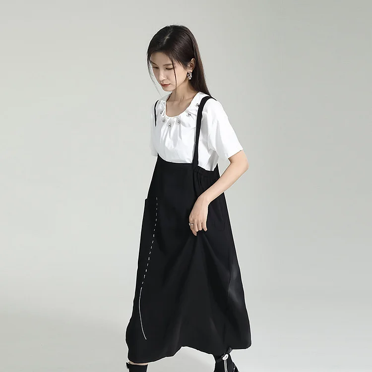 Asymmetric Splicing Suspender Midi Dress