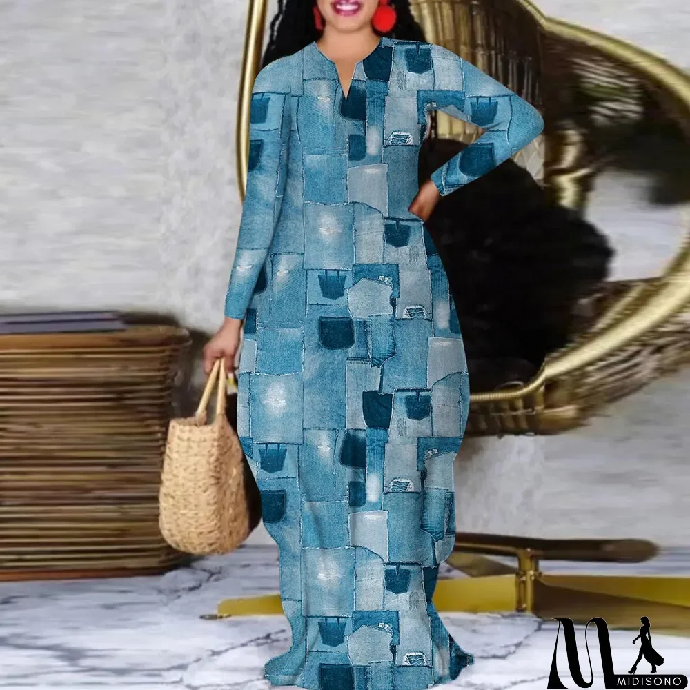 MidiSono - Plus Size Print Long Sleeve Slim Maxi Dress