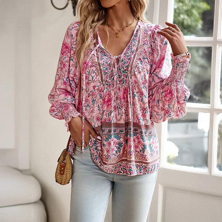 Women's Summer Bohemian Vacation Style Cotton Floral Printing Lace-up Long-sleeved Top Shirt