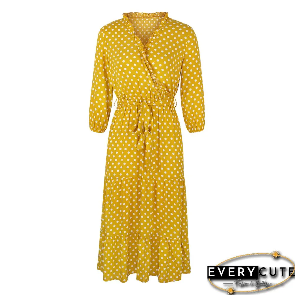 Yellow 3/4 Sleeve Polka Dot Ruffle Hem Maxi Dress