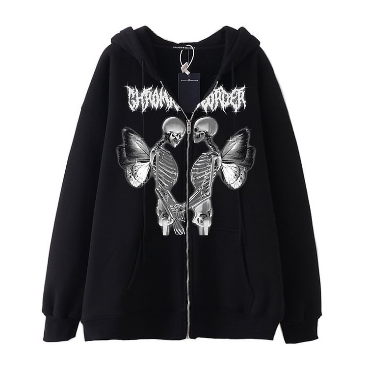 Darkness Skeleton Wings Print Plush Hooded Sweatshirt - Modakawa modakawa