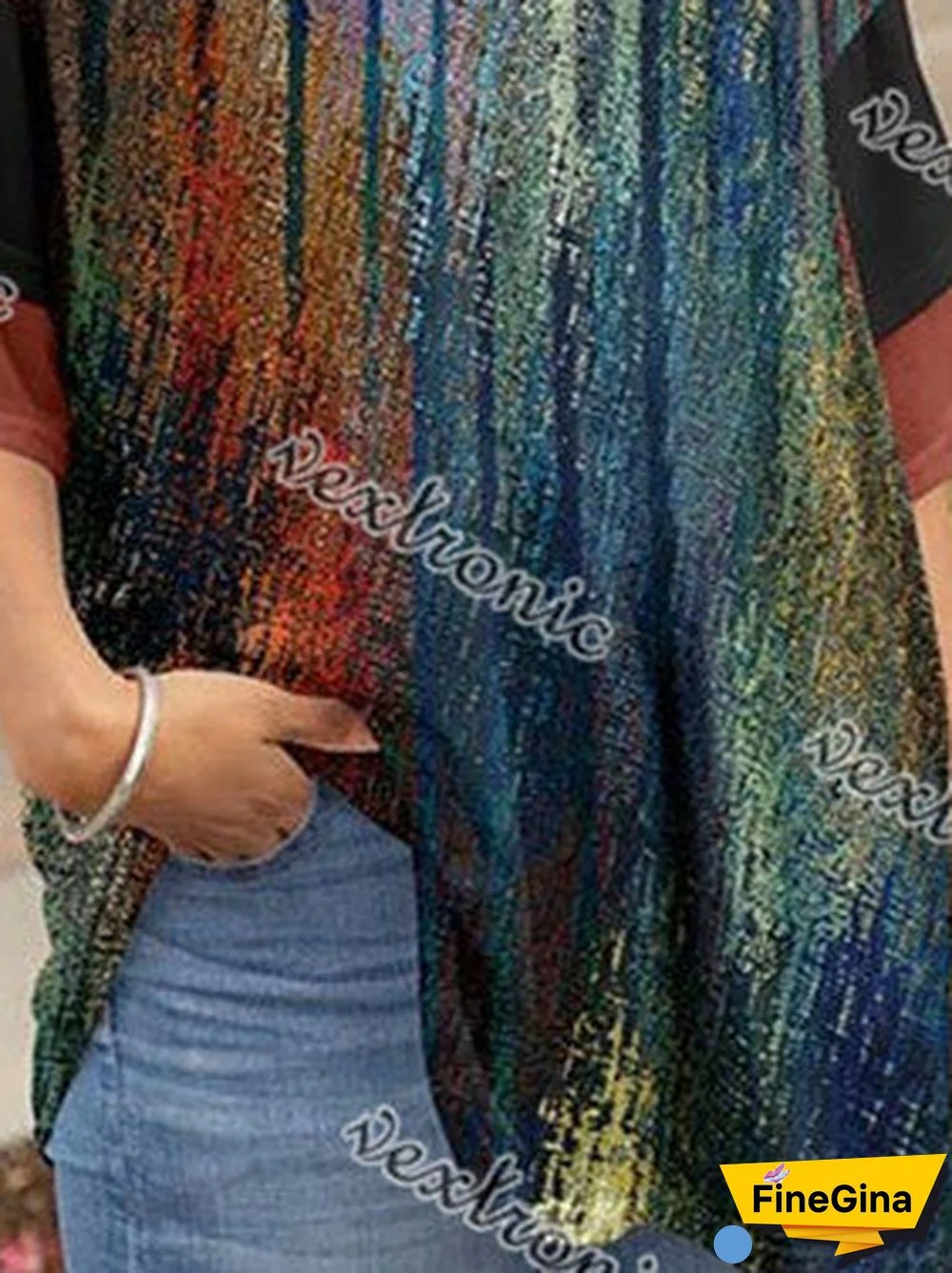 Stitching Gradient Ruffle-Sleeve V-Neck Tunic-Women Plus Size