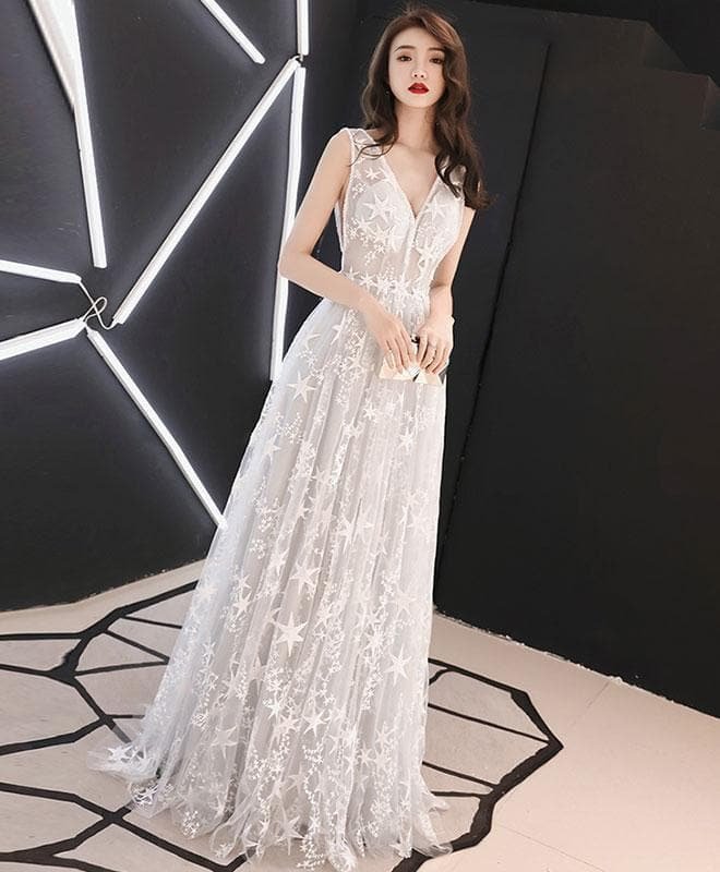 Gray Tulle Lace Long Prom Dress, Gray Lace Evening Dress