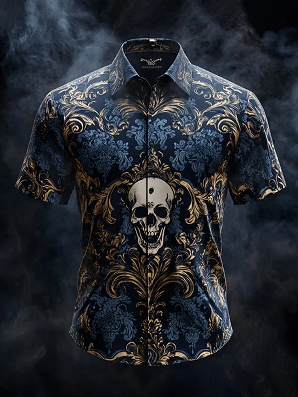 Men's Dark Gothic Skull Pattern Short Sleeve Shirt 