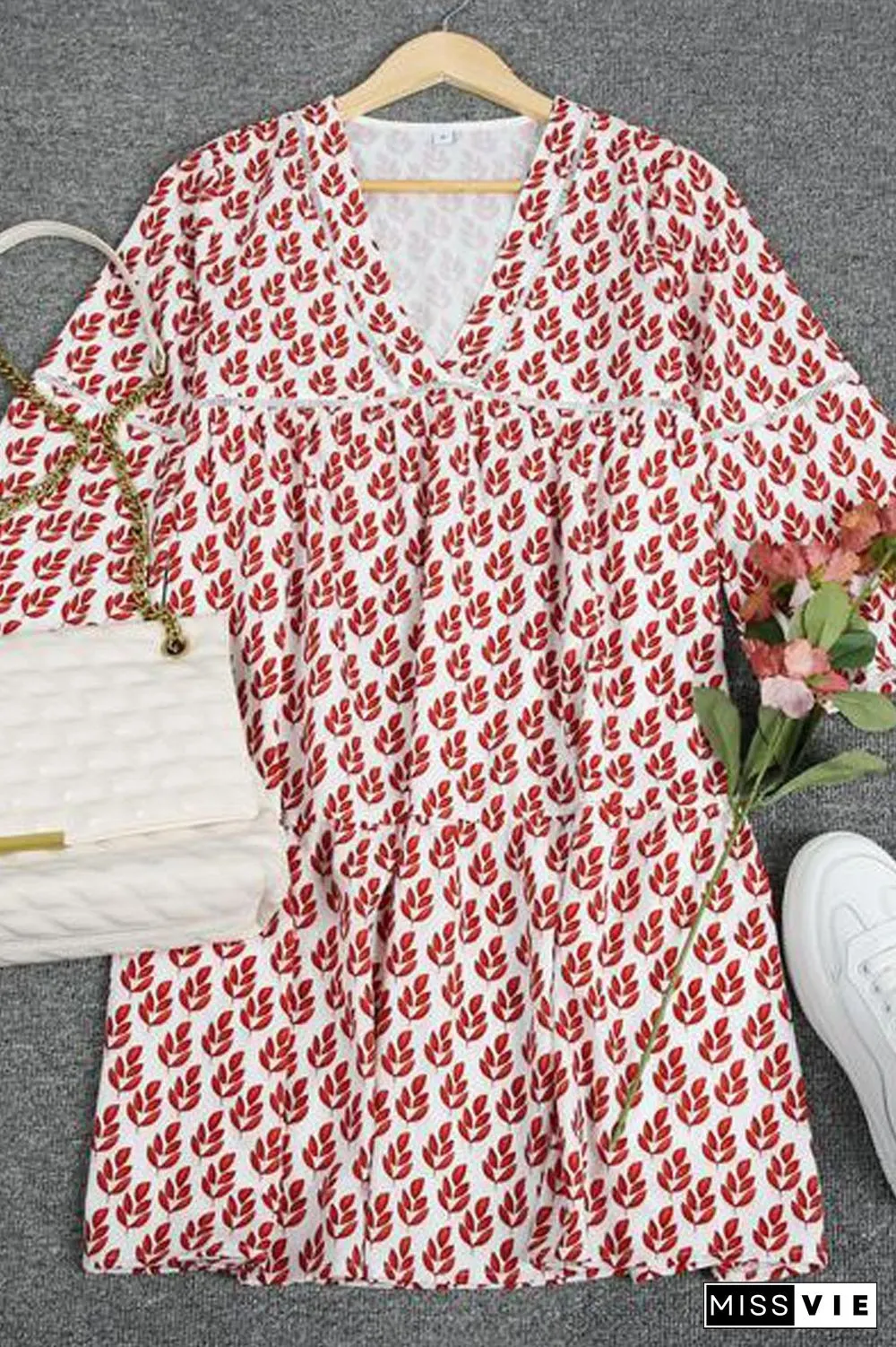 V-Neck Flare Three Quarter Sleeve Dress