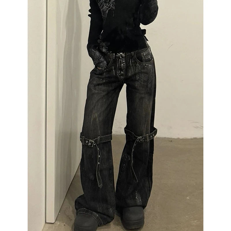 Aiertu Black Women's Jeans High Waist Hip Hop Straight Fashion Pants Streetwear Harajuku Y2K Star 2024 Female Wide Leg Denim Trouser Aiertu