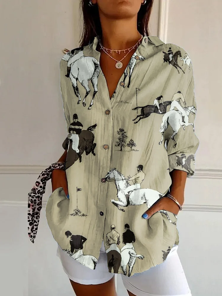 Vintage Western Horse Print Casual Long Sleeve Shirt
