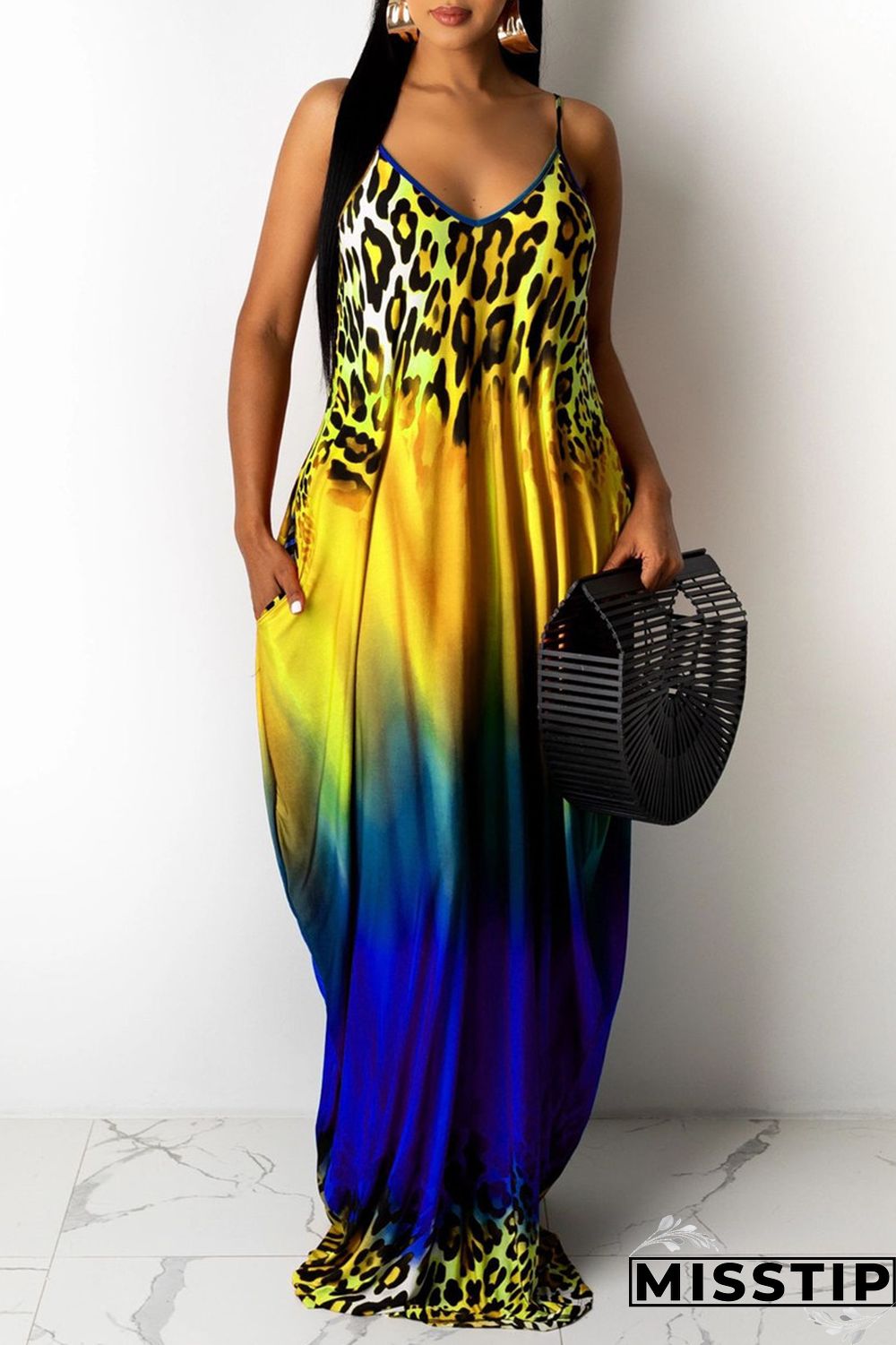 Blue Sexy Casual Print Backless V Neck Sling Loose Dress