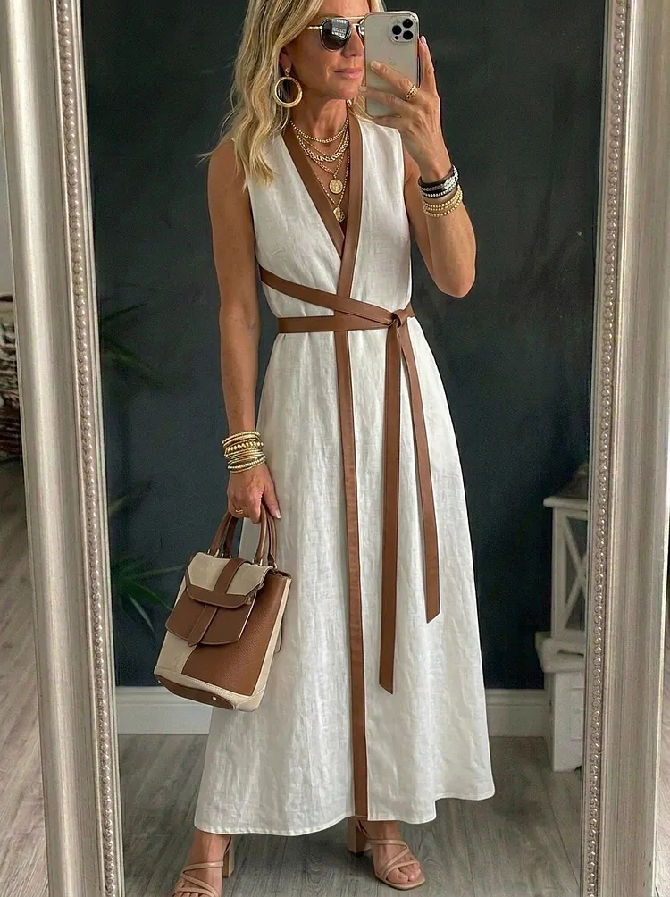 Women&rsquo;s Casual Sleeveless Leather Patchwork Color Blocking Cotton Maxi Dress