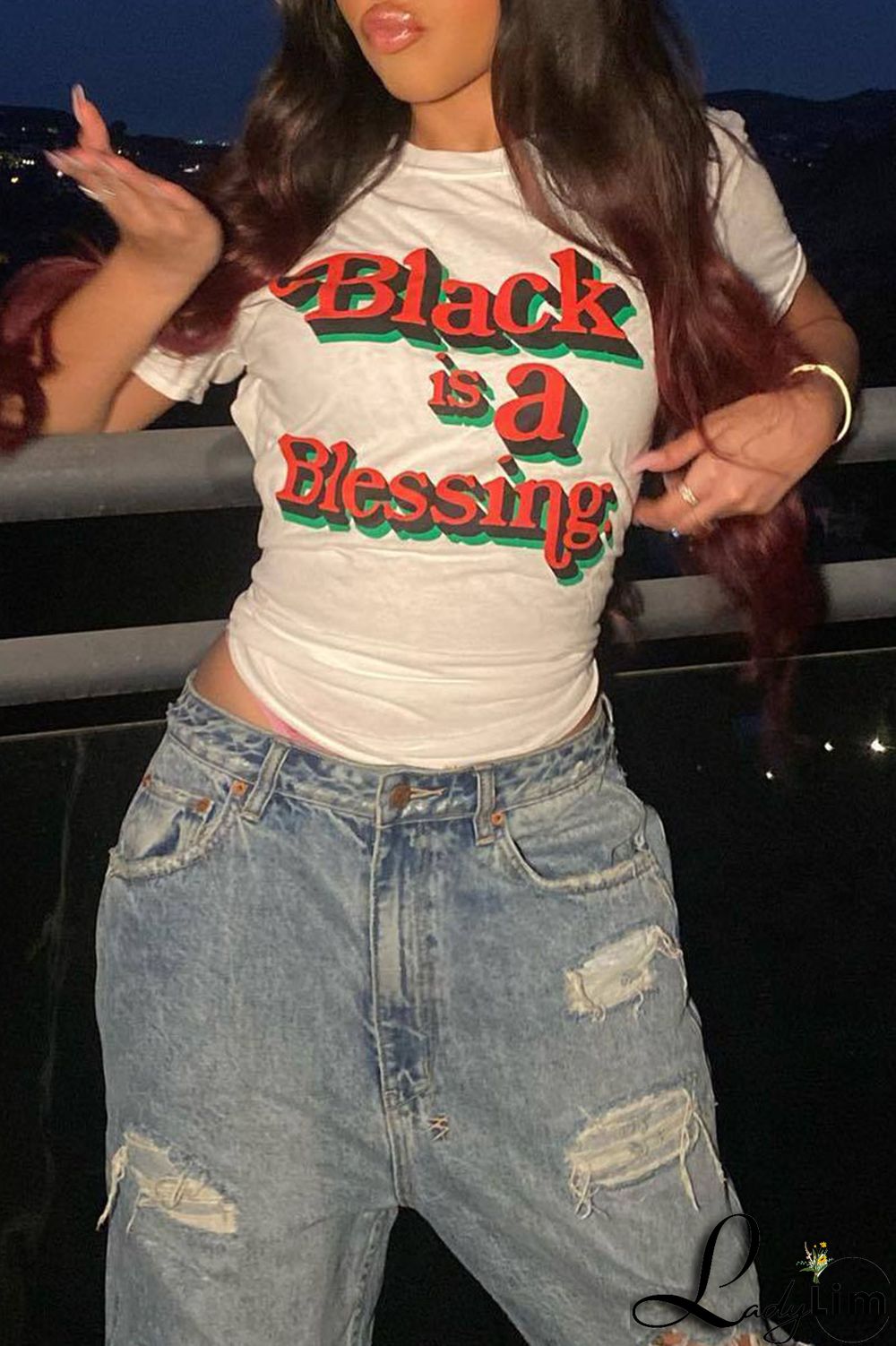 Red Casual Street Print Patchwork O Neck T-Shirts