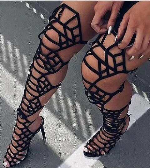 Womens Over The Knee Gladiator Sandals Open Toe Thin High Heel Hollow Out Sandals Boots Buckle Strap Shoes