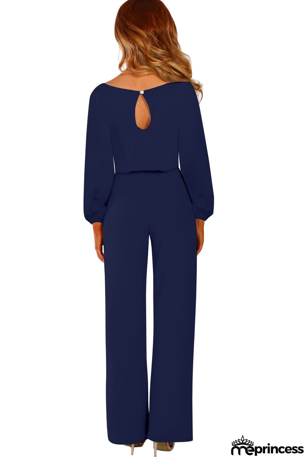Navy Boat Neck Bubble Sleeve Straight Legs Jumpsuit with Belt Tie