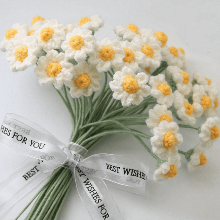 Lulusnow Handmade White Yellow Chamomile Crochet Flowers Bouquet Wedding/Forever Loving Girlfriend/Wife/Bride Gift
