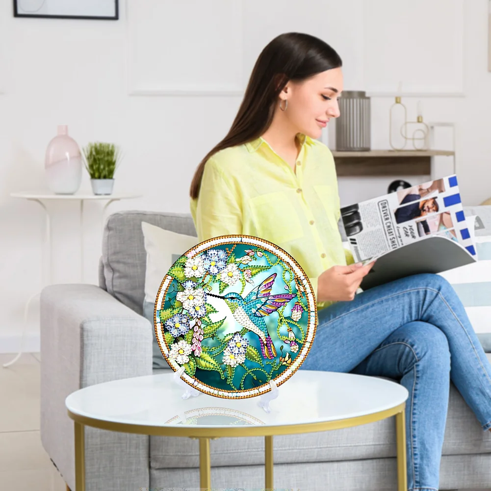 DIY Stained Glass Hummingbird Diamond Painting Wooden Single Side Crystal Painting Desktop Kit for Home Office Decor