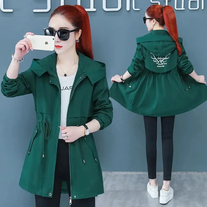Women's Trench Coat 2021 Autumn New Drawstring Hooded Mid Long Overcoat Plus Size 5XL Female Windbreaker Basic Coats Casual Tops