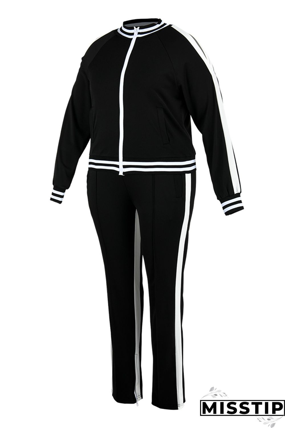 Black Fashion Casual Sportswear Zipper Collar Long Sleeve Regular Sleeve Patchwork Plus Size Set