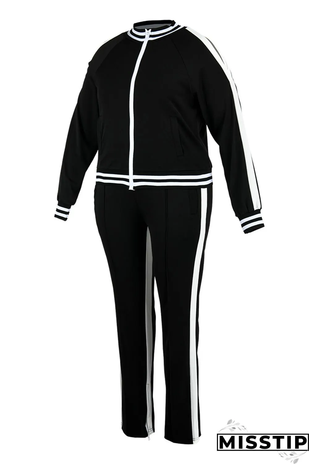 Black Fashion Casual Sportswear Zipper Collar Long Sleeve Regular Sleeve Patchwork Plus Size Set