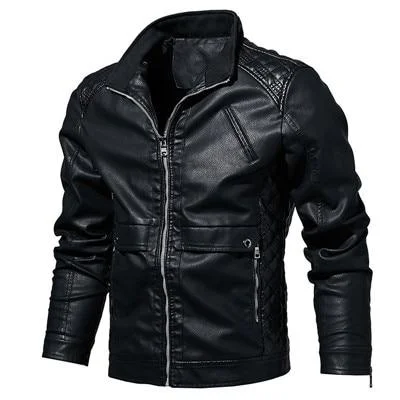 Mens Leather Jacket Fashion Vintage Leather Plus Size Stand Collar Coat