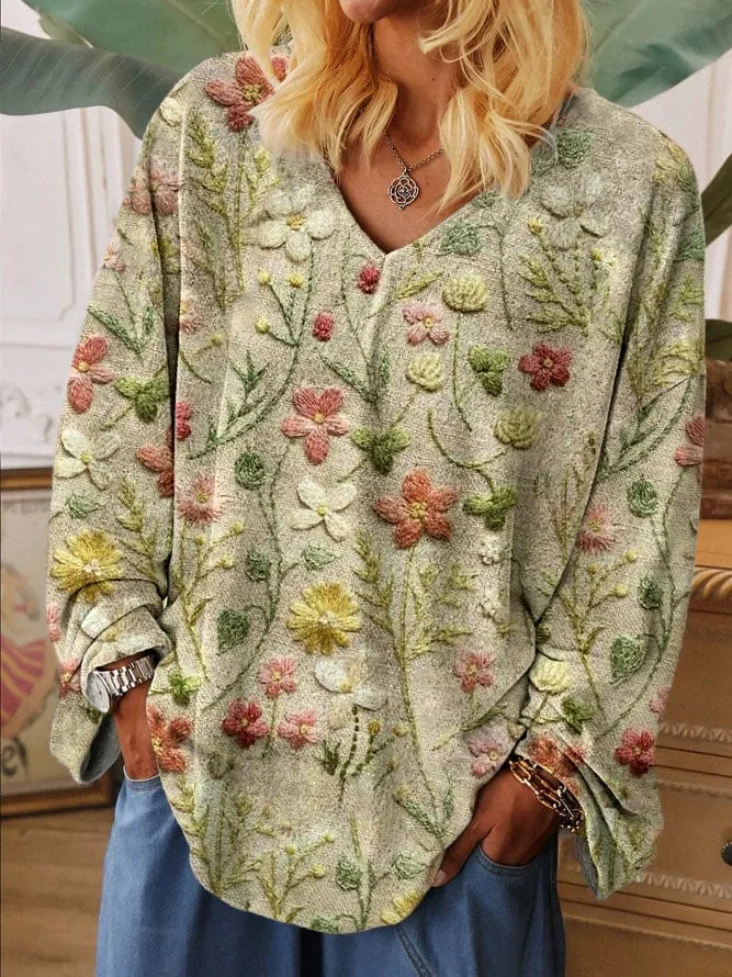 Women's Floral Embroidery Pattern Art Print Casual Long-Sleeve T-Shirt