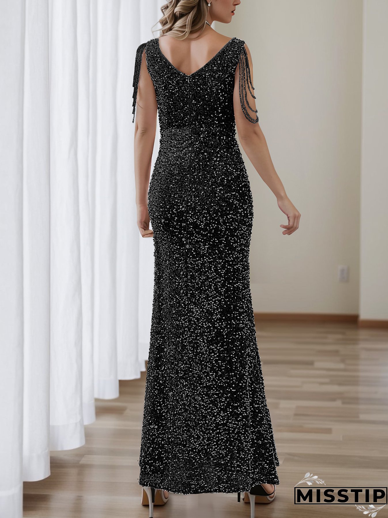 Chic Split Formal Party Long Sequin Evening Dress